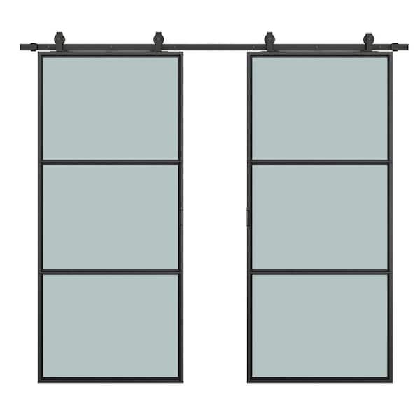 48 in. x 84 in. Frosted Glass Black Steel Assembly Required Double Sliding Barn Door with Hardware Kit and Door Handle