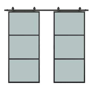 72 in. x 84 in. Frosted Glass Black Steel Frame Interior Double Sliding Barn Door with Hardware Kit and Door Handle