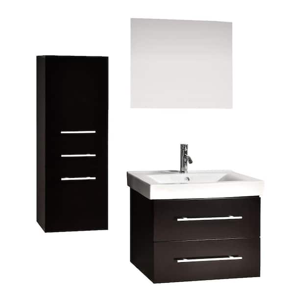 Kokols Accent 28 in. Vanity in Espresso with Porcelain Vanity Top in White, Mirror and 1 Side Cabinet