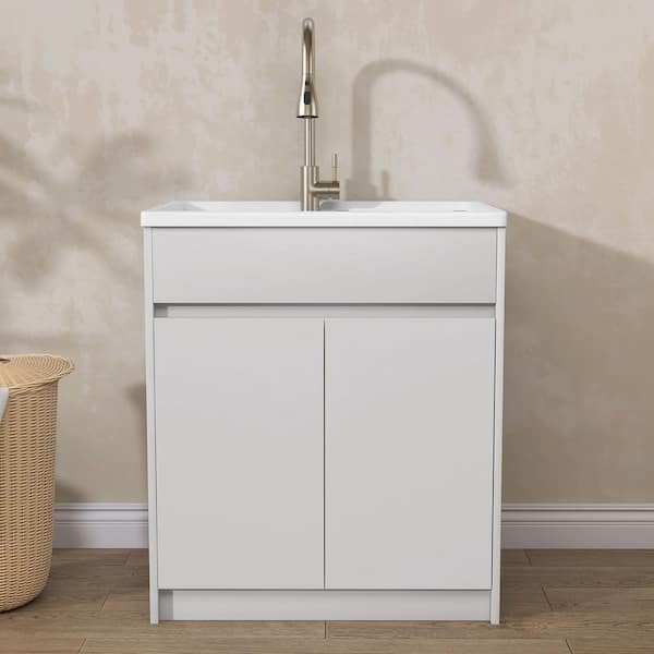 Getpro 30 in. W x 22 in. D Freestanding Solid Surface Drop-In Laundry/Utility Sink with Hot&Cold Water Faucet and White Cabinet