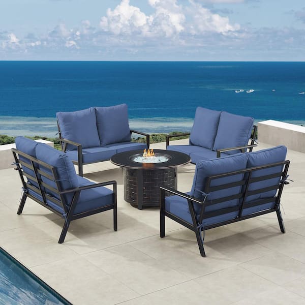 Black 5-Piece Aluminum Patio Fire Table Set with Blue Cushions