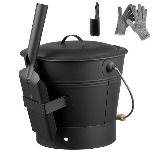 Metal Fireplace Charcoal Bucket and Ash Can, Ash Bucket, 4 PCS with Lid Shovel Broom and Gloves, 2.6 GAL. Large Capacity