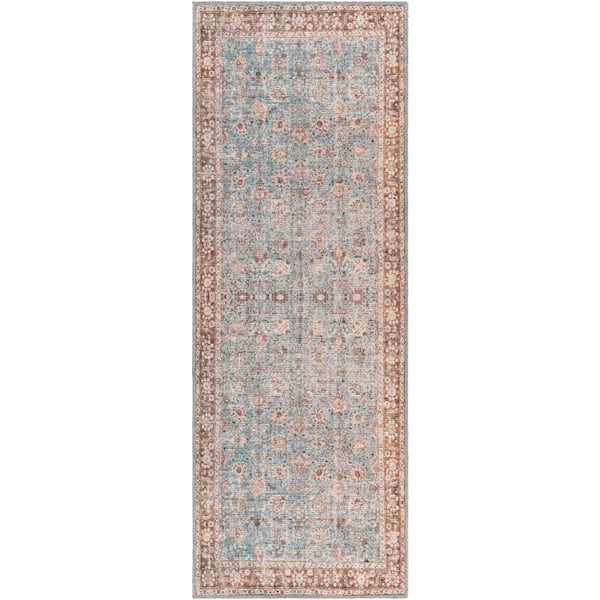 Livabliss Thompson Light Blue/Brown 3 ft. x 12 ft. Indoor Machine-Washable Area Rug