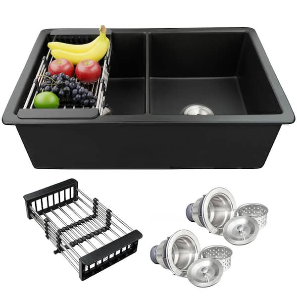 Black Fireclay 32 in. Double Bowl Undermount Kitchen Sink with Basket Strainer