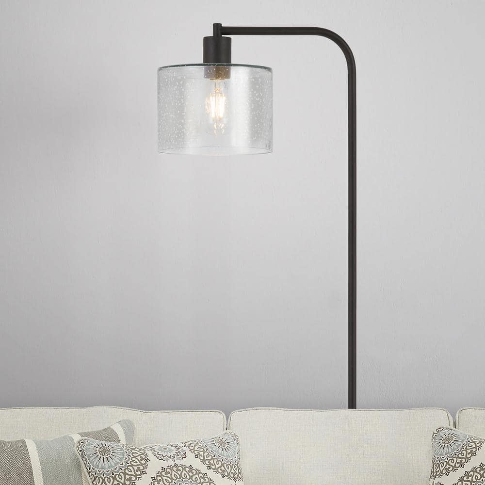 Bronzed Industrial Arc Floor Lamp with Seeded Glass Shade