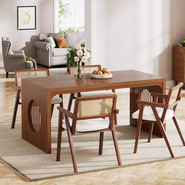 BYBLIGHT Roesler Brown Wood 62 in. Pedestal Dining Table Kitchen Dinner ...