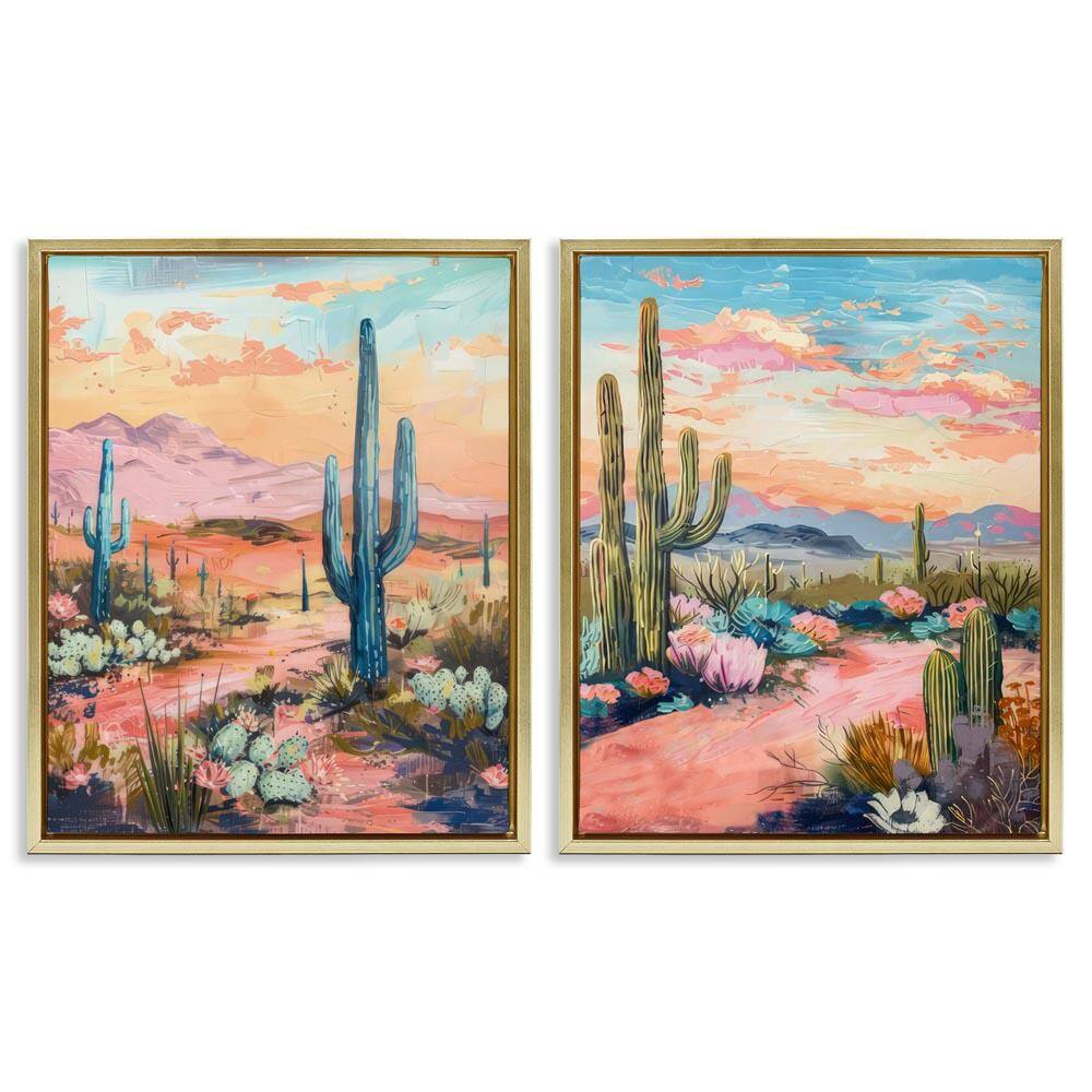 Cactus Paths and Sunset by LSR Design Studio 2-Pieces Gold Floater Frame Nature Graphic Art Print 31 in. x 25 in.