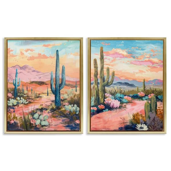 Cactus Paths and Sunset by LSR Design Studio 2-Pieces Gold Floater Frame Nature Graphic Art Print 31 in. x 25 in.