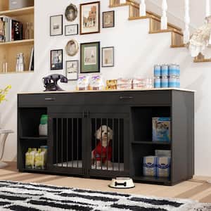 Large Dog Crate Storage Cabinet, Wooden Heavy Duty Dog Pens with 2 Drawers and Storage Shelf for Large Medium Dog,Black
