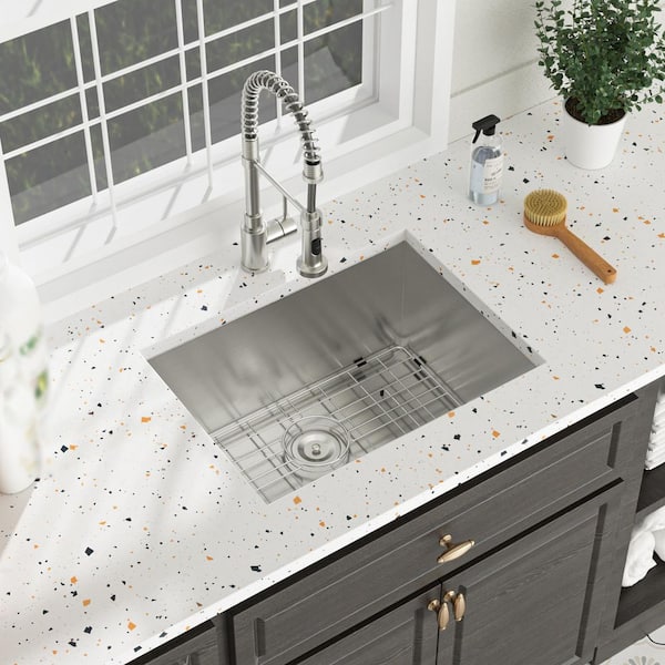 24 in. Undermount Single Bowl 16 Gauge Brushed Nickel Stainless Steel Kitchen Sink with Bottom Grids
