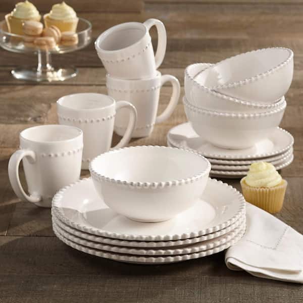 Dishwasher and Microwave Safe 16 Piece Bianca Elegant Collection White Kitchen Plates and Mugs American Atelier Round Dinnerware Sets Bowls Service for 4 