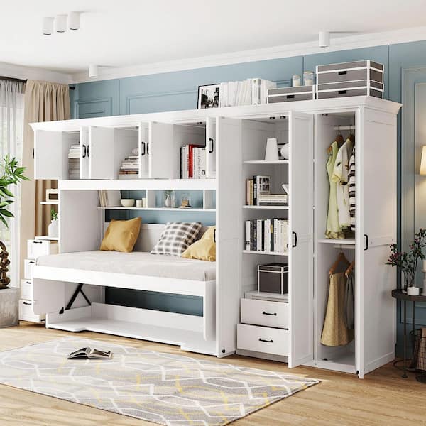 White Wood Frame Twin Murphy Bed with Wardrobe, Cabinet and Desk