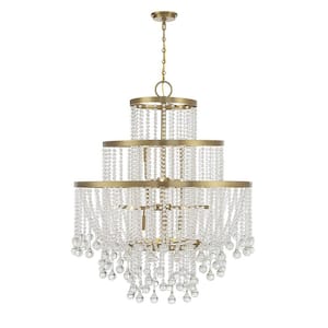 Luna 45 in. W x 54 in. H 15-Light Warm Brass Tiered Chandelier with Cascading Crystals