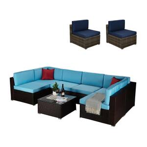 9-Piece Brown Wicker Patio Conversation Set with Blue Cushions