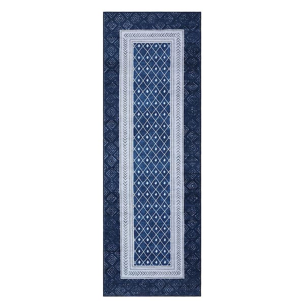 Garvee Border Printed Carpet Washable Living Room Decoration for Bedroom Hallway Office Bedside Blue, 2 ft. x 6 ft. Area Rug