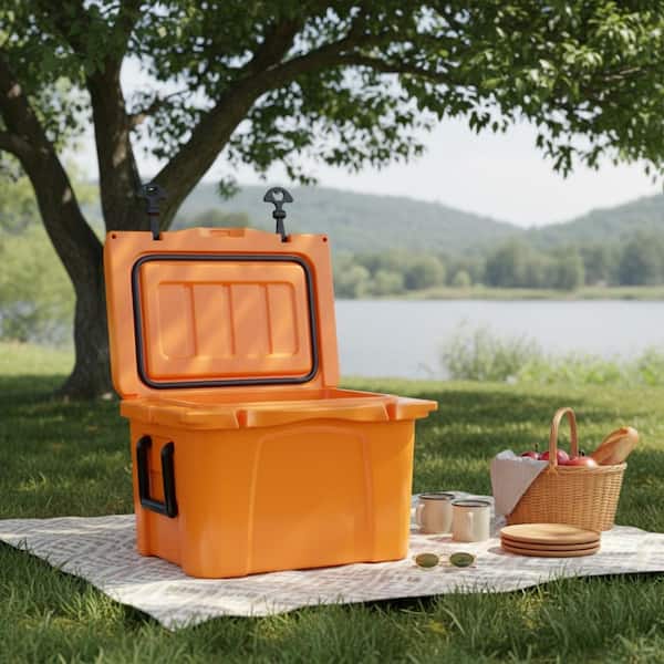 25QT Orange Insulated Hard Cooler, 5-Day Ice Retention for Camping