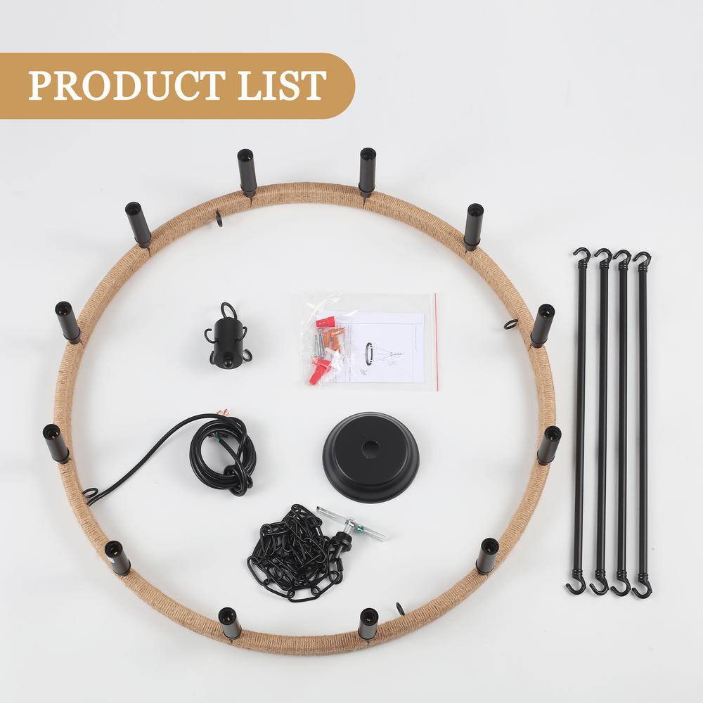 Matte Black 12-Light Candle Wagon Wheel Chandelier
