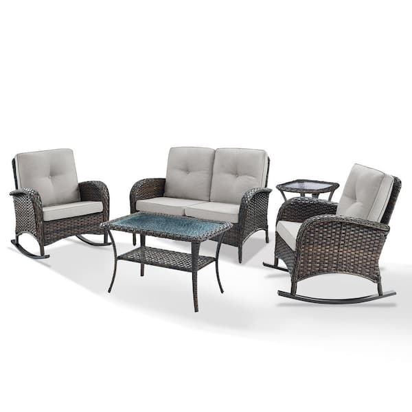 5-Piece Brown Wicker Patio Conversation Set with Beige Cushions and Loveseat Side Table Flat Handrail Rocking Chairs