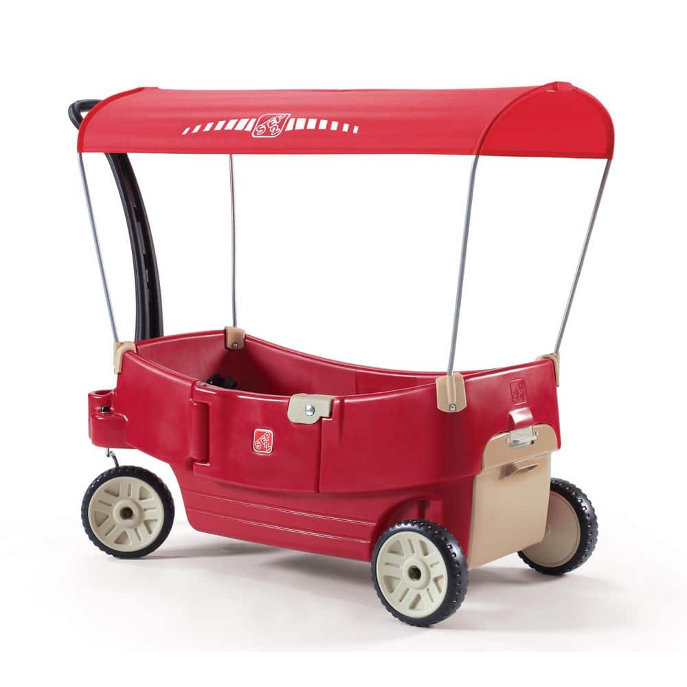Step2 All Around Canopy 2-Seat Toddler Pull Wagon with Safety Belts and Storage Space