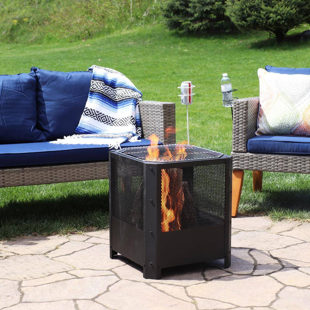 Grelha Black Steel Square Wood-Burning Fire Pit with Grill