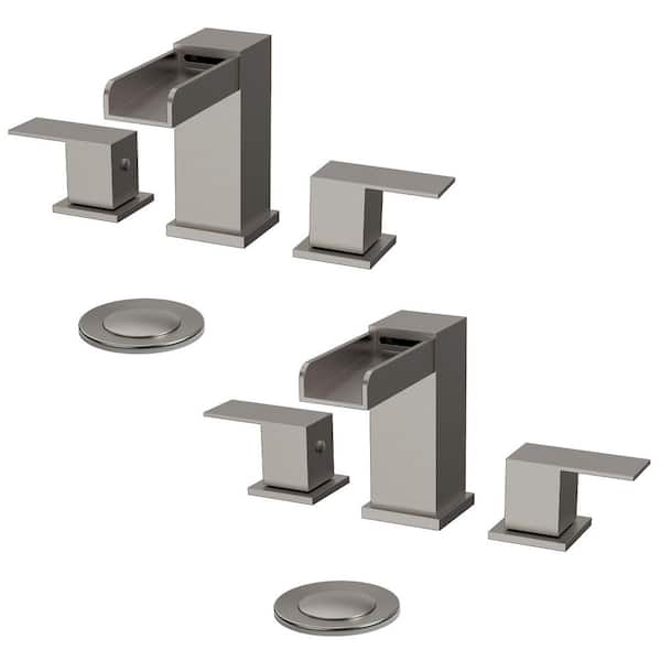 Waterfall Spout 8 in. Widespread Double Handle Bathroom Faucet 1.0 GPM in Brush Nickel Valve with Drain（2-Pack）
