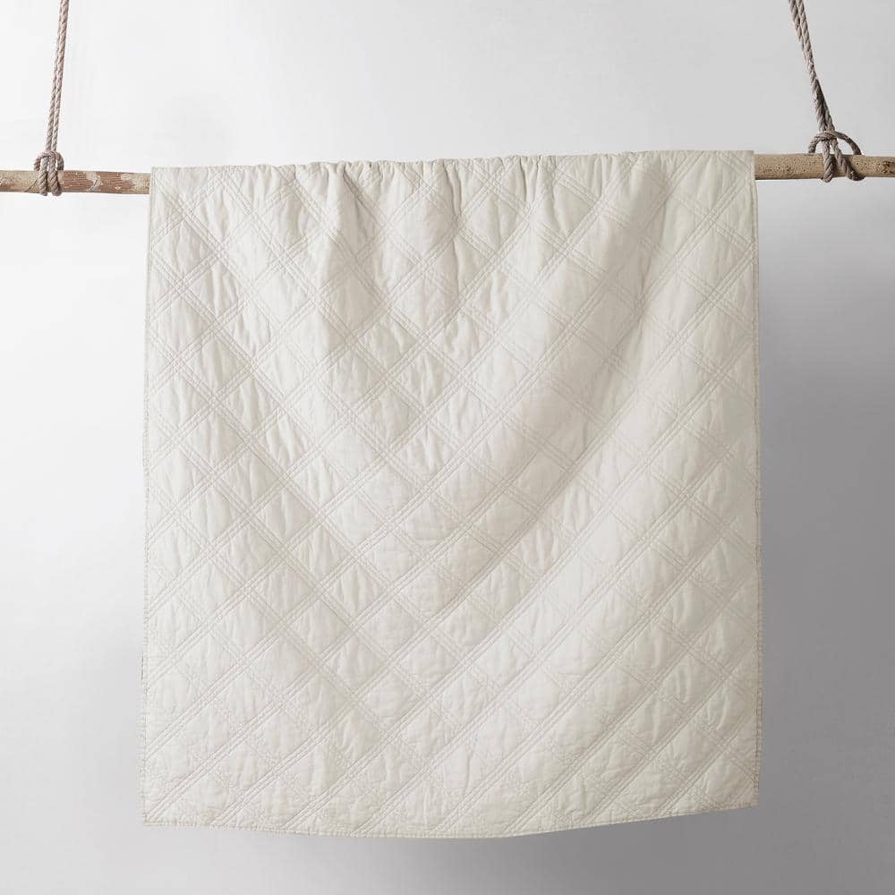 Cream Linen Front Cotton Back Quilted Throw Blanket