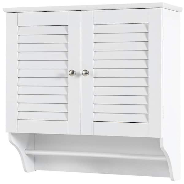 Lavish Home Wall-Mounted Bathroom Organizer with Shutter Doors and Towel Bar, White