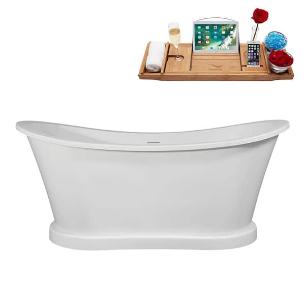Streamline 66 in. x 29 in. Acrylic Freestanding Soaking Bathtub in Matte White with Matte Black Drain, Bamboo Tray