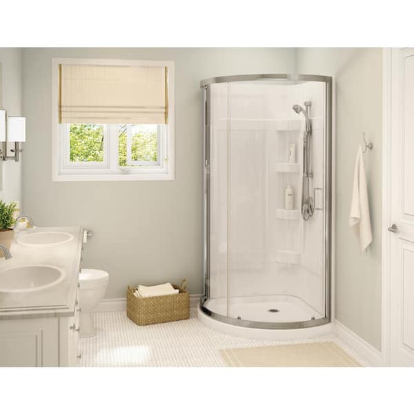 Cyrene 34 in. L x 34 in. W x 76 in. H Corner Center Drain Shower Stall/Kit in White with Clear glass in Brushed Nickel