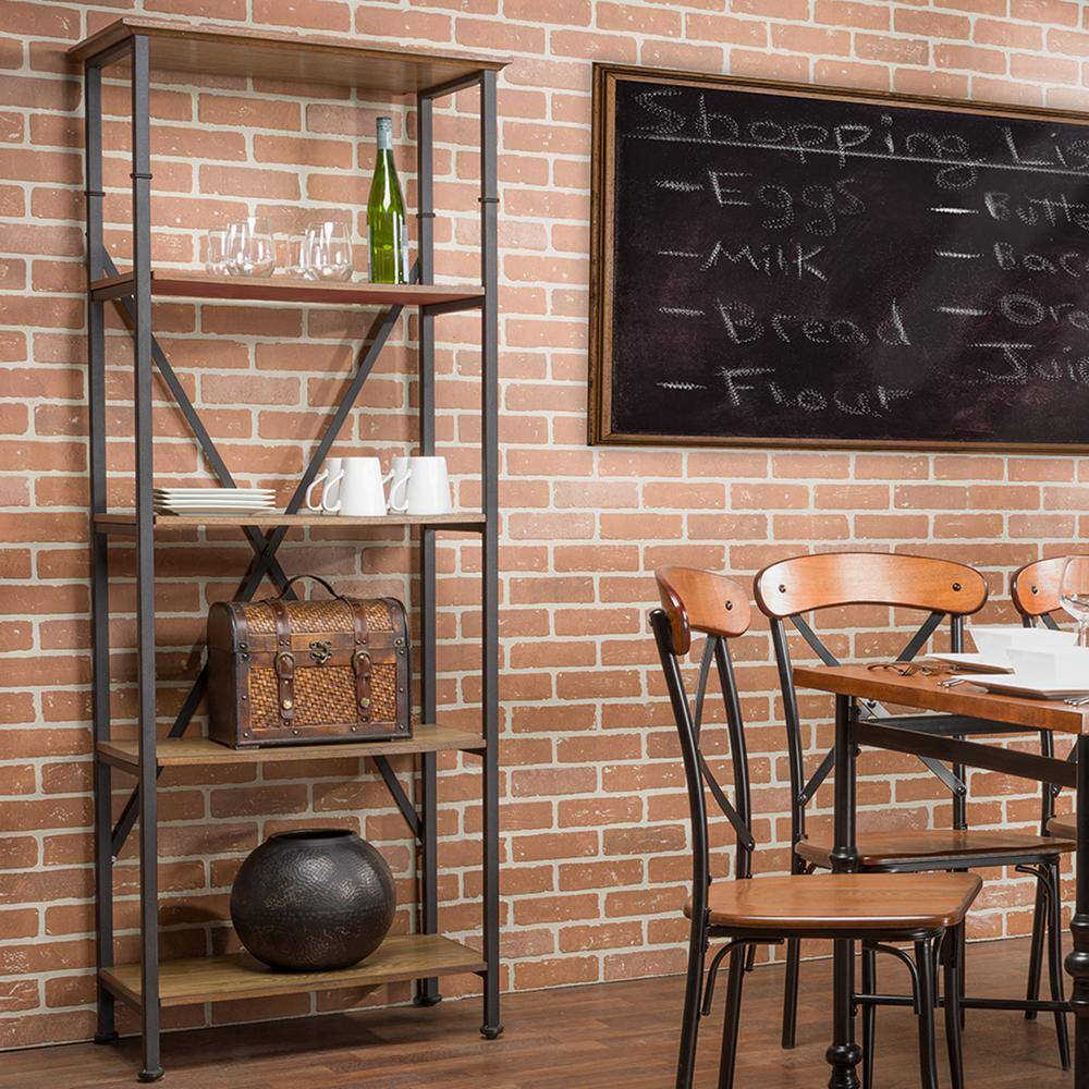 Lancashire 74'' Rustic Brown Wood and Antique Bronze Metal Bookcase