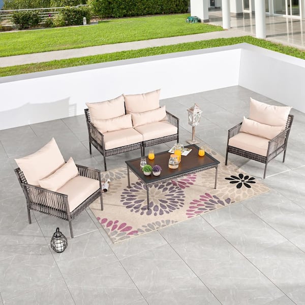 5-Piece Wicker Outdoor Conversation Set with Beige Cushions