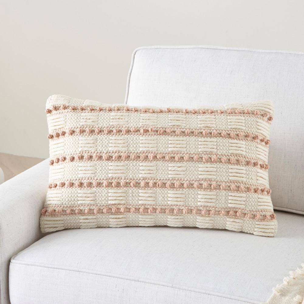 Blush and Ivory Embroidered Rectangular Throw Pillow
