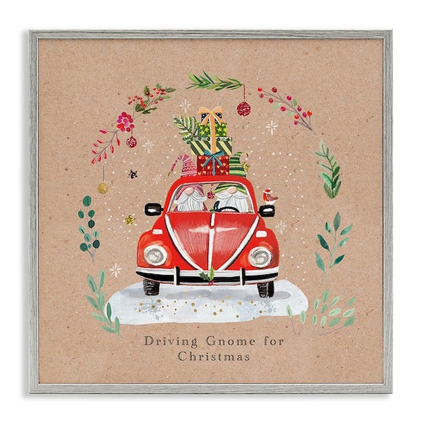 Stupell Industries Driving Gnome For Christmas by Sally Darby 1 Piece Framed Graphic Print Travel Poster Art Print 24 in. x 24 in.