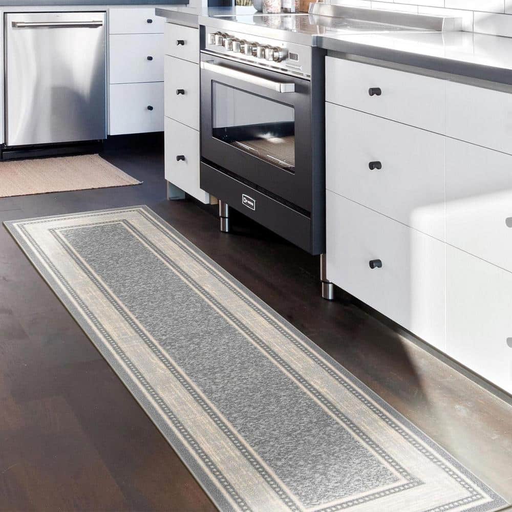 Light Gray Bordered Non-Slip Synthetic Runner Rug, 1'10" x 7'