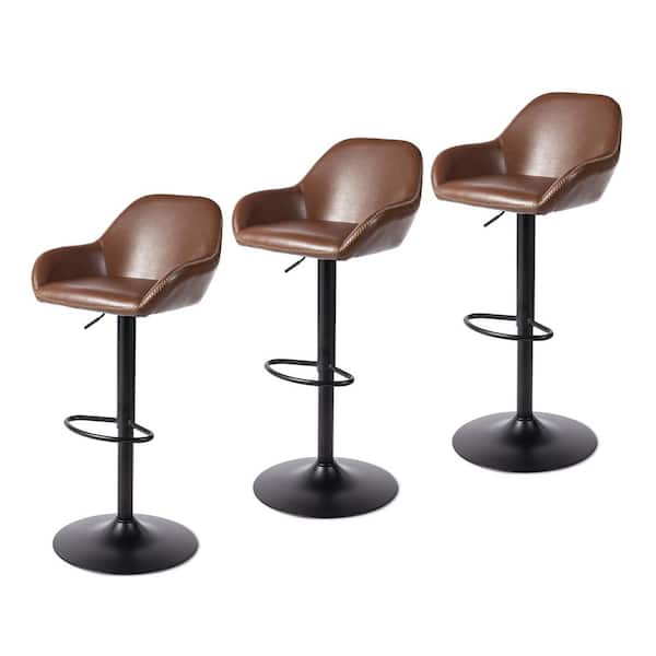 34.25-43 in. H Adjustable Height Modern Brown Leatherette Gaslift 360°Swivel Bar Stool With Low Back (set of 3)