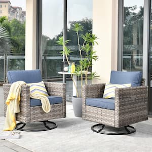 Tahoe Grey Swivel Rocking Wicker Outdoor Patio Lounge Chair with Denim Blue Cushions (2-Pack)