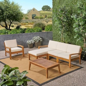 Grenada Teak Brown 6-Piece Wood Patio Conversation Sectional Seating Set with Beige Cushions