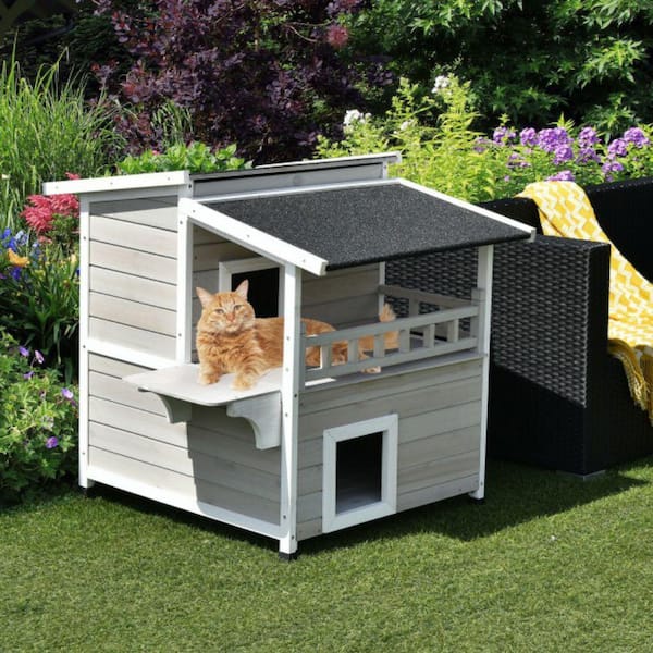 ANGELES HOME Indoor Outdoor Wooden 2-Story Cat House Condo Small