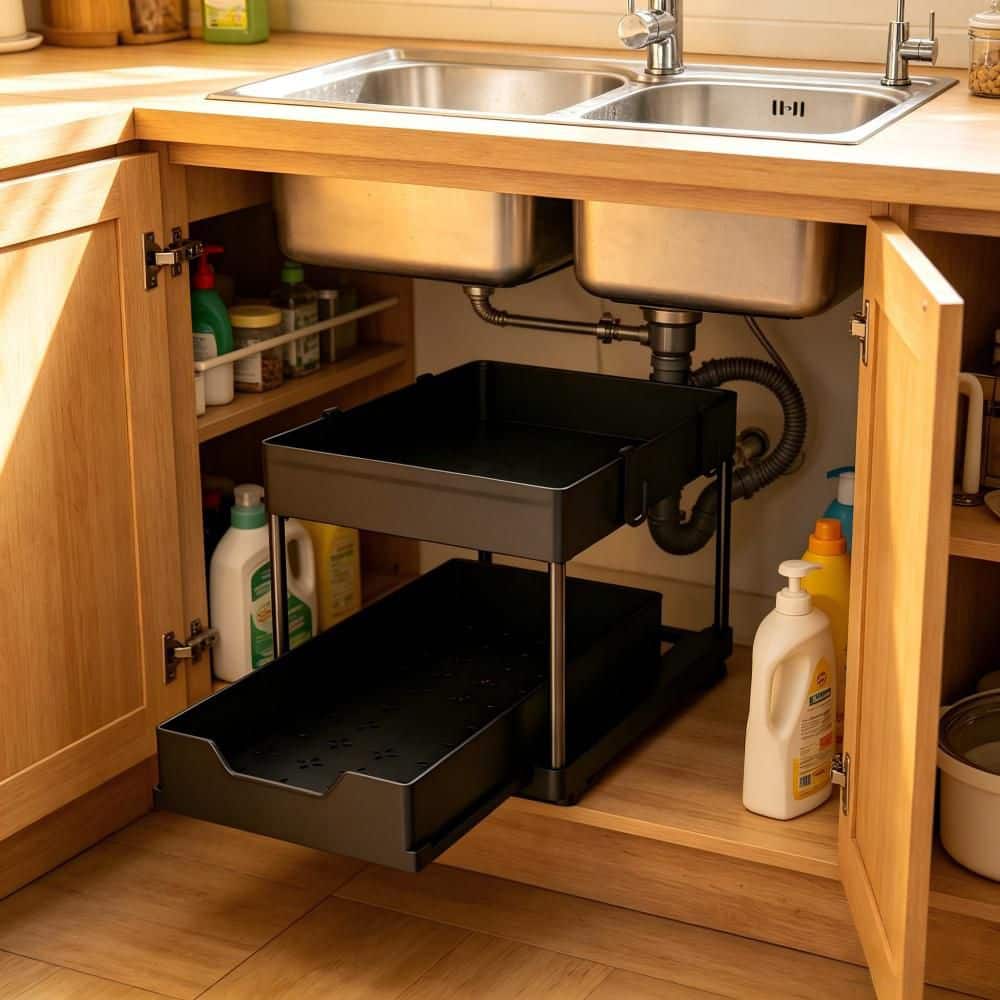 Numhew Under Sink Organizer, 2 Tier Sliding Drawer Storage Rack