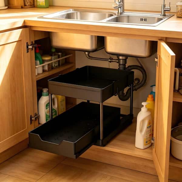 Under Sink Organizer, 2 Tier Sliding Drawer Storage Rack, Rust Proof Black Organizer for Kitchen Bathroom Cabinet 1 Pack
