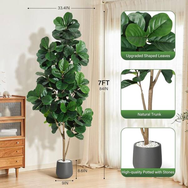 MOVECOM 7 ft. Artificial Fiddle Leaf Fig Tree with 108 Leaves - Realistic Faux Ficus Lyrata Trees in Black Planter Pot