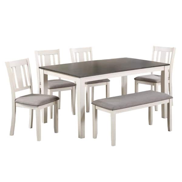 Benjara 6-Piece Rectangle White and Gray Wood Top Dining Table and Chair Set with Bench (Seats 6)