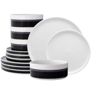 ColorStax Stripe Black 12-Piece Stax (Black) Porcelain Dinnerware Set, Service for 4