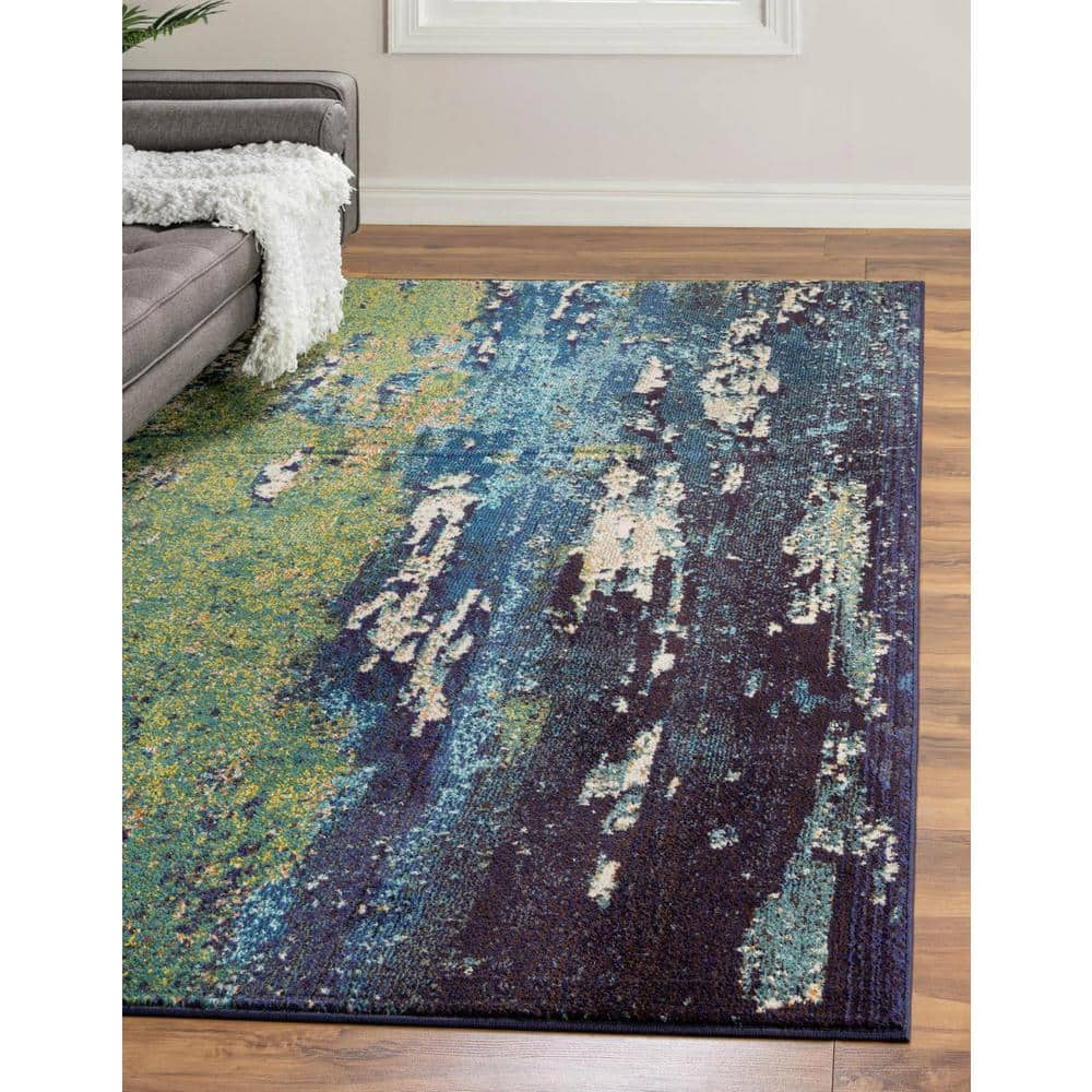 Navy Blue and Green Abstract Rectangular Area Rug