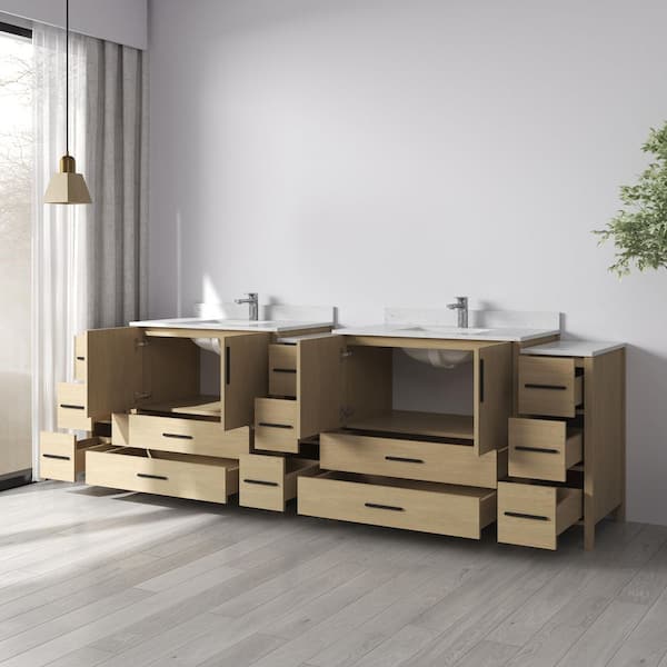 Nodus 108 in. W x 22 in. D x 34 in. H Double Sink Freestanding Bath Vanity in Oak with White Carrara Cultured Marble Top