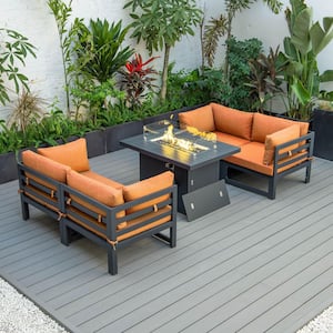 Chelsea Black 5-Piece Aluminum Sectional and Patio Fire Pit Set with Orange Cushions