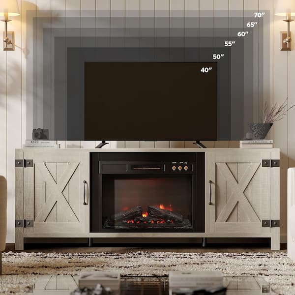 Farmhouse 63 in. Freestanding Electric Fireplace TV Stand Fits TVs up to 70 in. with Storage Cabinet in Wash Grey