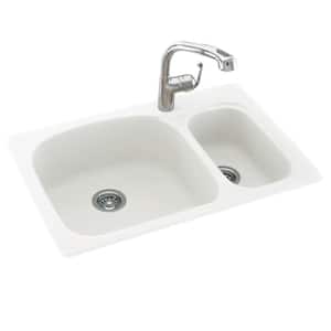 Drop-In/Undermount Solid Surface 33 in. 1-Hole 70/30 Double Bowl Kitchen Sink in White