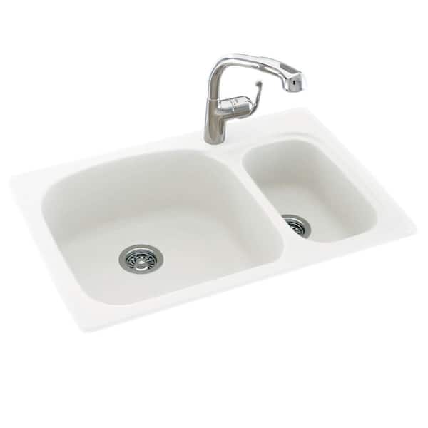 Swan Drop-In/Undermount Solid Surface 33 in. 1-Hole 70/30 Double Bowl Kitchen Sink in White