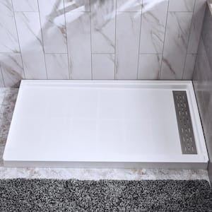 48 in. x 32 in. Solid Surface Single Threshold Right Drain Shower Pan with Stainless Steel Linear Cover in White